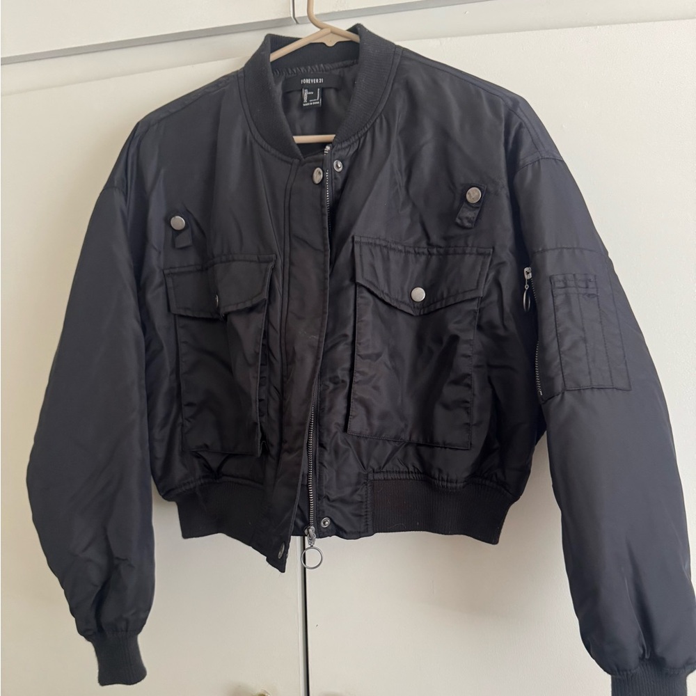 Forever 21 Black Bomber Jacket with Front Flap Pockets